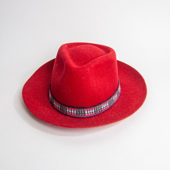 90s Red Wool Fedora With Embroidered Wrap M